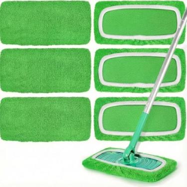 Imagem de Pacote com 6 almofadas de microfibra verdes reutilizáveis de substituição, capa de esfregão plana molhada e seca, refil de almofadas molhadas laváveis para limpeza de superfícies e pisos de madeira