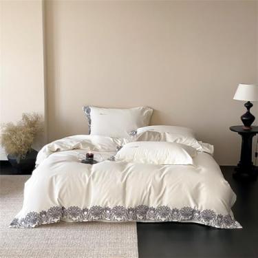 Imagem de Conjunto de cama de algodão com bordado de flores, tamanho queen/king, incluindo capa de edredom, lençol e fronhas, na cor creme, 1,8 MBed.