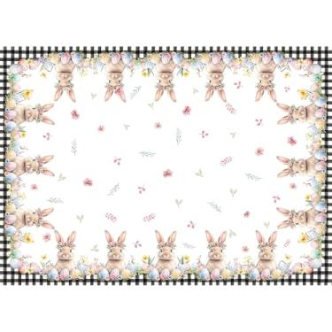 Imagem de QIALETS Toalha de mesa retangular de Páscoa, 152 x 264 cm, flor de primavera, ovos coloridos, búfalo, xadrez, coelhinho, para decoração de festa, piquenique, jantar