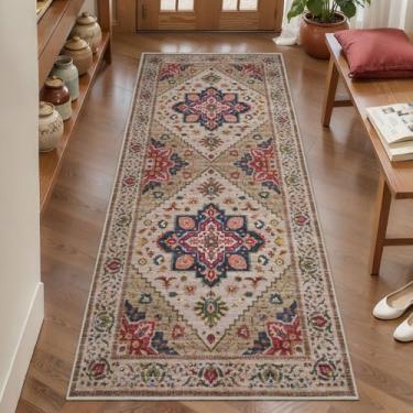 Imagem de Tangsoo Tapete de corredor lavável de 5 x 15 cm para corredores, tapete antiderrapante vintage, tapete macio boho de pilha baixa, tapete para cozinha, quarto, entrada, banheiro, sala de estar, bege