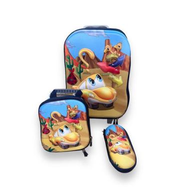 Imagem de Kit Mochila Escolar Infantil Carro Divertido com Rodinhas 3D Lancheira