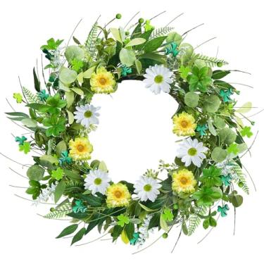 Imagem de Zythrem Guirlanda de Dia de São Patrício para porta da frente, guirlanda de trevo verde de 55 cm com margarida trevo verde baga para porta da frente, janela, decoração de casa de férias interna e
