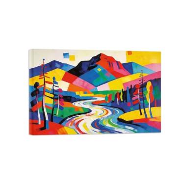 Imagem de Impressão em tela de paisagem de arte de parede - árvore de montanha colorida rio - quadros de pintura de decoração para sala de estar pronta para pendurar 80 x 120 cm 31 x 47 pol. Tela embrulhada