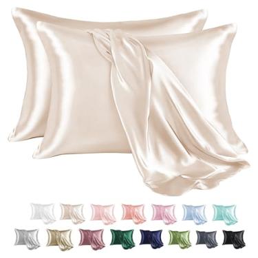 Imagem de MR&HM Fronha de cetim para cabelo e pele, fronha de cetim de seda, pacote com 2, fronhas king size, conjunto de 2, capa de almofada de seda com fecho de envelope (50 x 91 cm, bege)