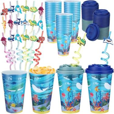 Imagem de Yungyan 16 conjuntos de copos de lembrancinhas de festa sob o mar oceano com tampas e canudos para decorações de aniversário reutilizáveis 473 ml copos de plástico para doces canudos de plástico para