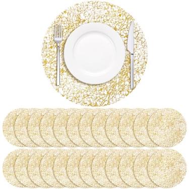 Imagem de Soleebee Pacote com 100 jogos americanos descartáveis, finos redondos de 33 cm, rede emaranhada dourada, carregador, jogo americano para casamento, festa de aniversário, mesa de jantar, decoração de