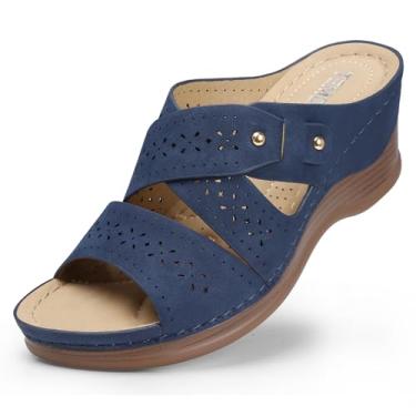 Imagem de TEMOFON Sandálias de cunha para mulheres verão: sandálias elegantes de salto baixo preto/azul marinho/branco, caminhada confortável, suporte de arco, sapatos casuais de verão, tamanho 5-11, 17 Azul