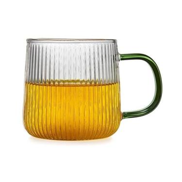 Imagem de Copo de vidro com listras verticais com alça colorida, caneca de vidro borossilicato transparente de 320 ml (verde)