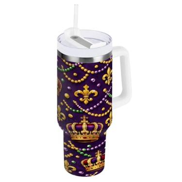 Imagem de Blueangle Copo isolado com coroa de carnaval de 850 g com alça e tampa de palha, caneca de viagem reutilizável de aço inoxidável (882)