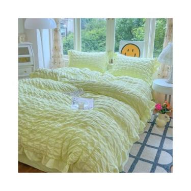 Imagem de Jogo de cama 3/4 peças boho chique babado, seersucker macio, leve, capa de edredom lençol de cama/fronhas de saia (verde creme, solteiro 150 x 200 3 peças)