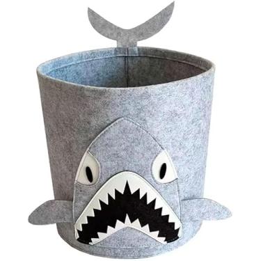 Imagem de Cesto Organizador Infantil Tubarão, Cinza, Poliéster, 35x35x35cm, Dobrável, Cilíndrico, para Brinquedos e Roupas