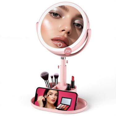 Imagem de Shinowa Espelho de maquiagem com luzes, espelho de aumento iluminado de 1X/20X com armazenamento para maquiagem e joias, espelho de vaidade ajustável de 2 lados com 3 luzes coloridas, rotação de 360°