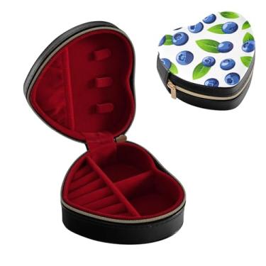 Imagem de STAYTOP Caixa de joias em forma de coração de mirtilo - pequeno anel antigo/brincos/colar estojo organizador de armazenamento, armazenamento portátil de joias de couro PU