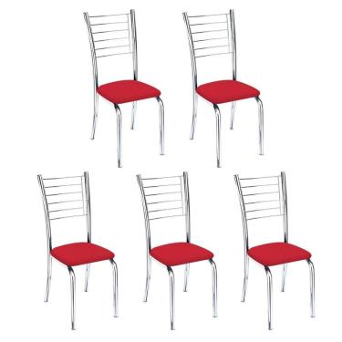 Imagem de Kit 5 Cadeiras De Jantar Lara Cromada Para Cozinha Assento Corino Vermelho - Aurora Line