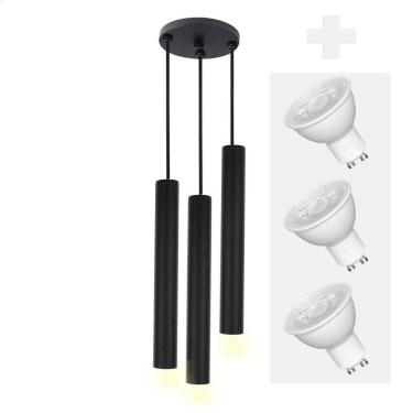 Imagem de Pendente Triplo Tubo Palito Moderno 30cm Preto + Led 4w