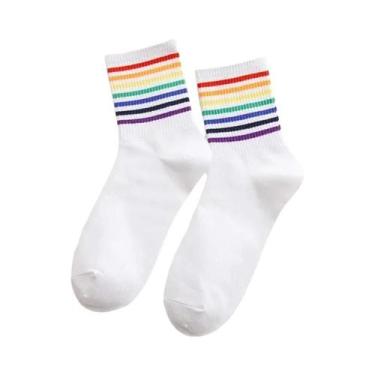 Imagem de Meias Femininas Cano Alto Listradas Arco-Íris - Estilo Fofo e Moderno 