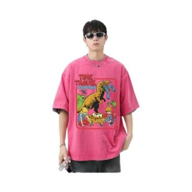 Imagem de Camiseta Masculina Retrô De Algodão Lavado Com Estampa De Dinossauro, 