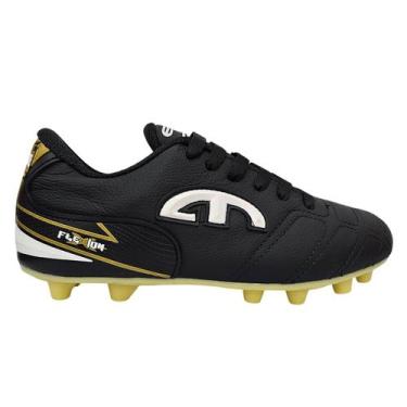 Imagem de Chuteira de Futebol de Campo EGM Couro com Travas em PVC, Preto, Ouro,