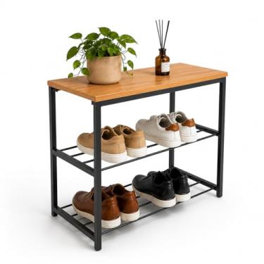 Imagem de Sapateira Banco Industrial Para Hall/Closet/Quarto 2 Prateleiras em Chapa de Aço - LH Móveis (Cedro)