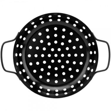 Imagem de Cesta Frigideira Perfurada Assadeira Churrasqueira Antiaderente em Aço Carbono com Alças para Churrasco e Fogão Preto