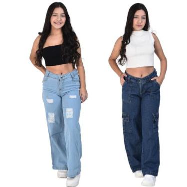 Imagem de kit feminino Combo calça cargo bolsos laterais Pantalona jeans wide le