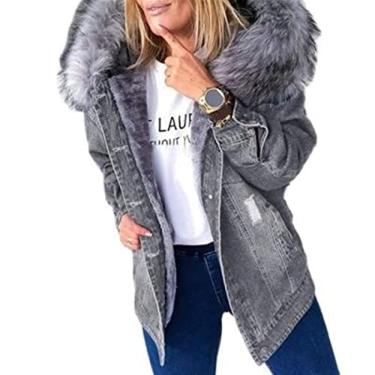 Imagem de Jaqueta Bomber com Capuz Grosso Plus Size Jaqueta de Inverno Quente Feminina, Jaqueta Jeans Sintética, Cinza, G, Uptodate