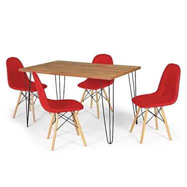 Imagem de Conjunto Mesa de Jantar Hairpin 130x80 Natural com 4 Cadeiras Eiffel Botonê - Vermelho