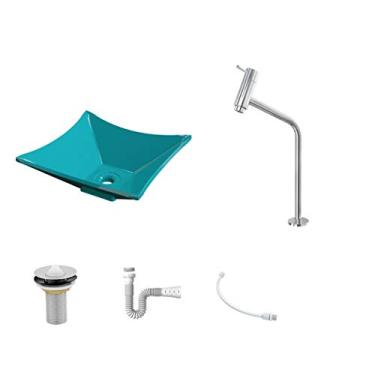 Imagem de Kit Cuba L30 C/Torneira Link 1062 Metal + Válvula 1'' (2,6cm) + Sifão Pvc + Flexível Azul Turquesa