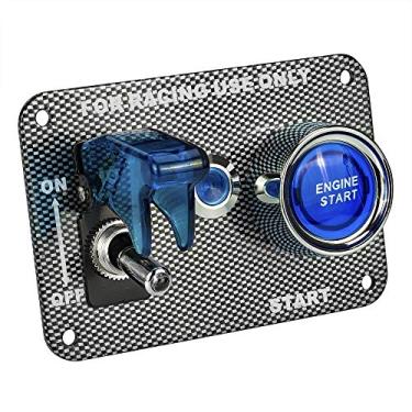 Imagem de Interruptor de ignição para carro Jtron DC12V Racing Painel de fibra de carbono interruptor de balanço + botão de partida do motor com indicador azul (azul)