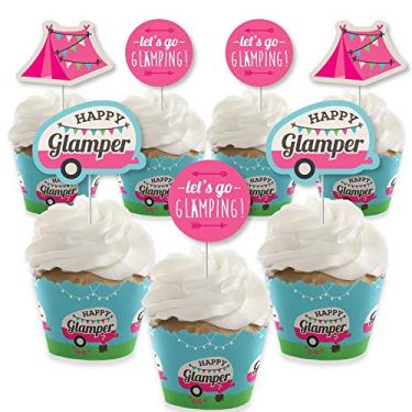 Imagem de Big Dot of Happiness Let's Go Glamping - Decoração de cupcake - Kit de embalagens de cupcake para festa de glamour ou festa de aniversário - Conjunto de 24