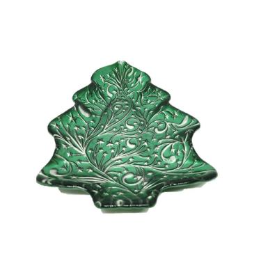 Imagem de Travessa Centro de Mesa Petisqueira Natalina Vidro Pinheiro Verde e Prata 24cm - Yangzi