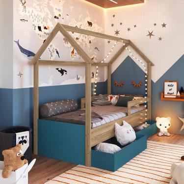 Imagem de Cama Infantil Montessori tipo Cabana com 2 Gavetas Azul