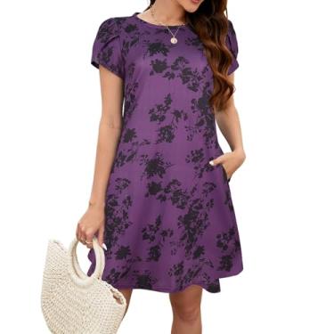 Imagem de Bluetime Vestidos de verão para mulheres 2024 vestido floral de praia manga curta bolsos casual camiseta vestido, Violeta profundo, M