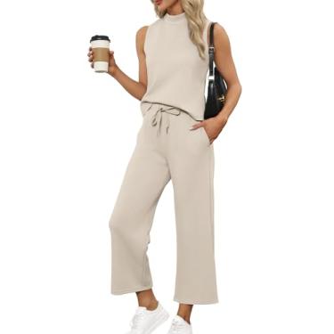 Imagem de SAMPEEL Conjunto de duas peças para mulheres, roupas de verão, gola redonda, calça cropped de perna larga, roupas de viagem para férias, Bege A, G