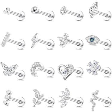 Imagem de YADOCA 16 peças 16G Tragus Piercing Joia Hipoalergênico Aço Cirúrgico Tragus Brincos Internos Rosca Plana Medusa Labret Lábios Monroe Conch Cartilagem Brincos para Mulheres, Metal, Zircônia cúbica