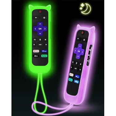 Imagem de 2Pack ONEBOM Cover for Roku Remote with Cat Ears Design, Silicone Skin Case Compatible with Hisense/TCL Roku TV, Steaming Stick/Express, Universal Replacement Controller. Glow in the Dark,Green/Purple