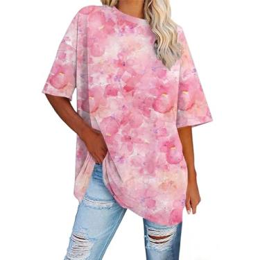 Imagem de Camisetas femininas com estampa floral grande com estampa tie dye, casual, solta, moda de férias, blusa túnica moderna, rosa, P