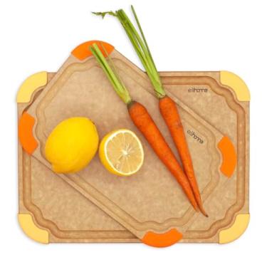 Imagem de Elihome Conjunto de tábua de corte de cozinha 2 em 1 da série Premium, pés antiderrapantes, codificado por cores com ícone alimentar, fibra de madeira natural, lavável na lava-louças, ecológico,