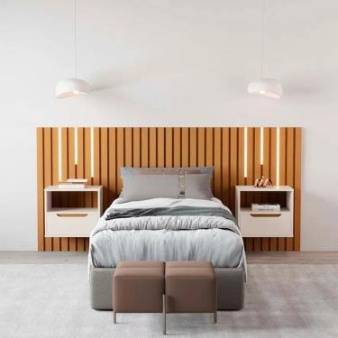 Imagem de Cabeceira Ripado Para Cama de Solteiro Maracá Nature Com 2 Mesa de Cabeceira Jatobá Com Led OffWhite - Rede Móveis