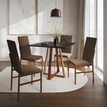 Imagem de Conjunto de Jantar Mesa Mônaco Premium 90cm Preta com 4 Cadeiras Estofadas Marrom Base Cobre