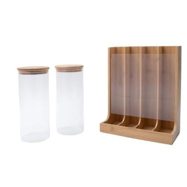 Imagem de Kit com 2 potes de vidro com tampa de bambu 800ml e porta cápsulas de 