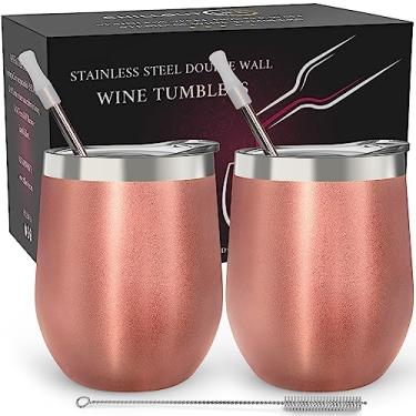 Imagem de CHILLOUT LIFE Copos de vinho de aço inoxidável de 350 ml, pacote com 2 - Conjunto de copos de vinho isolados a vácuo de parede dupla com tampas e canudos para café, vinho, coquetéis (ouro rosa)