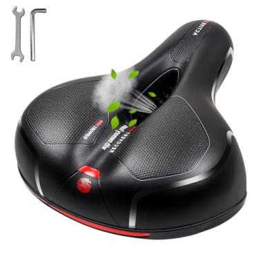 Imagem de Almofada de assento de bicicleta confortável para homens e mulheres, Mjkeomo Assento de bicicleta largo confortável com duplo choque, selim de bicicleta impermeável para bicicletas infantis,
