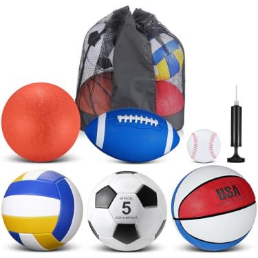 Imagem de Libima Conjunto de 6 bolas multiesportivas para presente, tamanho oficial, futebol, vôlei, bola de playground, beisebol com equipamento esportivo ao ar livre bomba para férias de Natal (vários estilos
