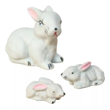 Imagem de Estatueta Familia Miniatura Coelho 3 peças de Ceramica - Decore Casa