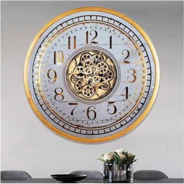 Imagem de Relógio de parede de 78 cm com engrenagens móveis reais, relógio de parede grande industrial steampunk, ouro grande numerais arábicos, relógio de parede de metal silencioso para decoração de sala de