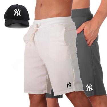 Imagem de Kit 2 Short Praia Bermuda Masculina Moletom Treino Cordao Ajustavel Bolsos Com Bone Aba Pre Curvada