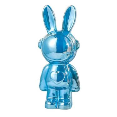 Imagem de Jaugufiy Ornamento de estátua de coelho de cerâmica, estatueta de coelho, enfeite para casa, cofrinho, cofre, caixa de dinheiro, decoração de quarto de crianças, presentes de aniversário (azul)