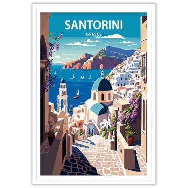 Imagem de Viokalt Arte de parede de paisagem moderna de Santorini Funky Grécia Cidade Paisagem Pôsteres Europa Mar Egeu impressões de viagem pintura para sala de estar família quarto decoração de parede 30,5 x