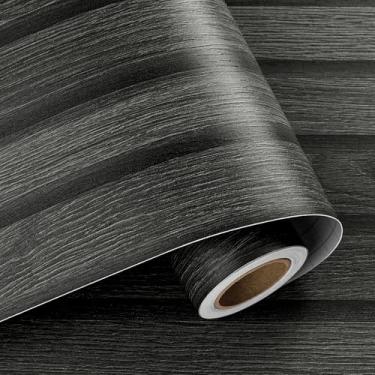 Imagem de HelloWall Papel de parede de ripa de madeira preta, painéis de parede para parede, papel de parede de ripas de madeira para quarto, cozinha, papel de contato preto removível autoadesivo para armários